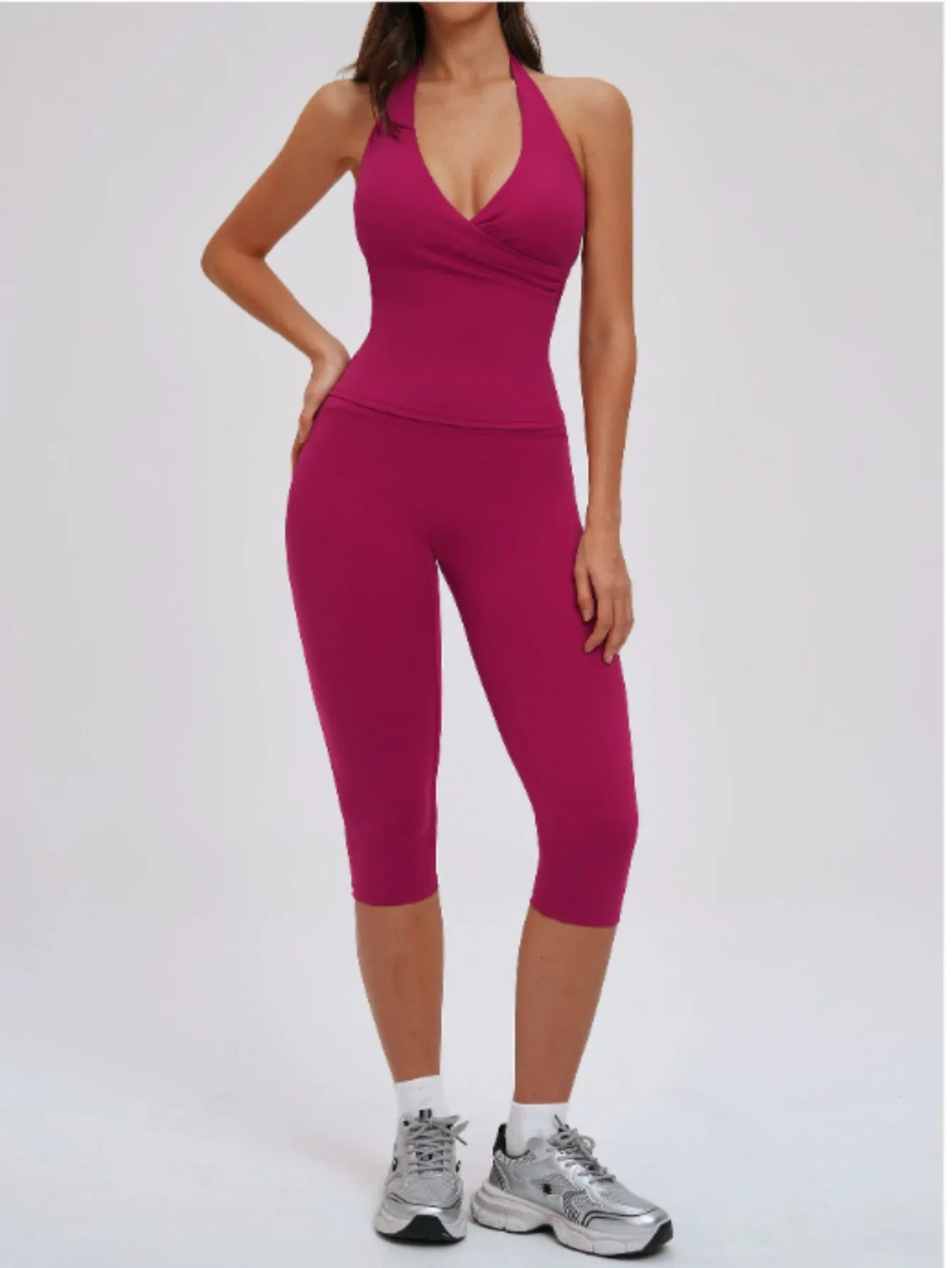 2PCS Workout Set Women Yoga Sets V Neck Cross Slim Sports Tank Top Athletic Wear Outdoor Tight High Waist Leggings Fitness Suits