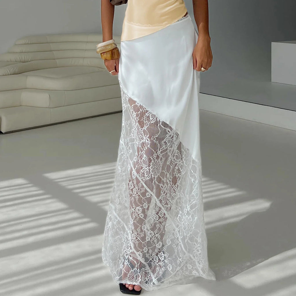 Women's Summer Satin Lace Patchwork Long Skirts Mid Waist Solid Color Fashion Elegant Asymmetric Skirts