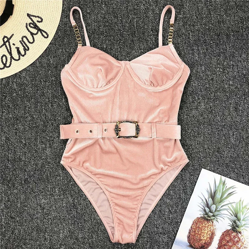 Ribbed Push up Underwired Metal Chain Women Swimwear One Piece Swimsuit Female Waist Belt Monokini Bather Bathing Suit Swim Lady
