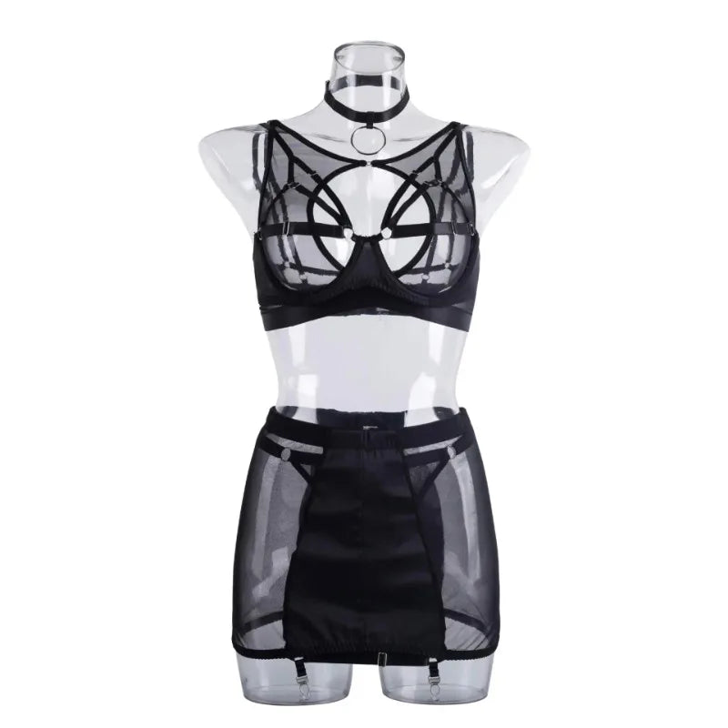Toucheart 5-Pieces Erotic Lingerie Sexy Hip Skirt For Women Mesh Patchwork Hollow Out See-Through Lure Garters Underwear Suit
