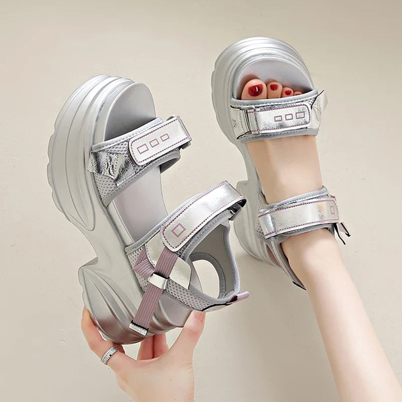 Silver Chunky Platform Sandals for Women Summer Wedge Heels Sport Sandals Woman Comfortable Thick Bottom Casual Sandles Female