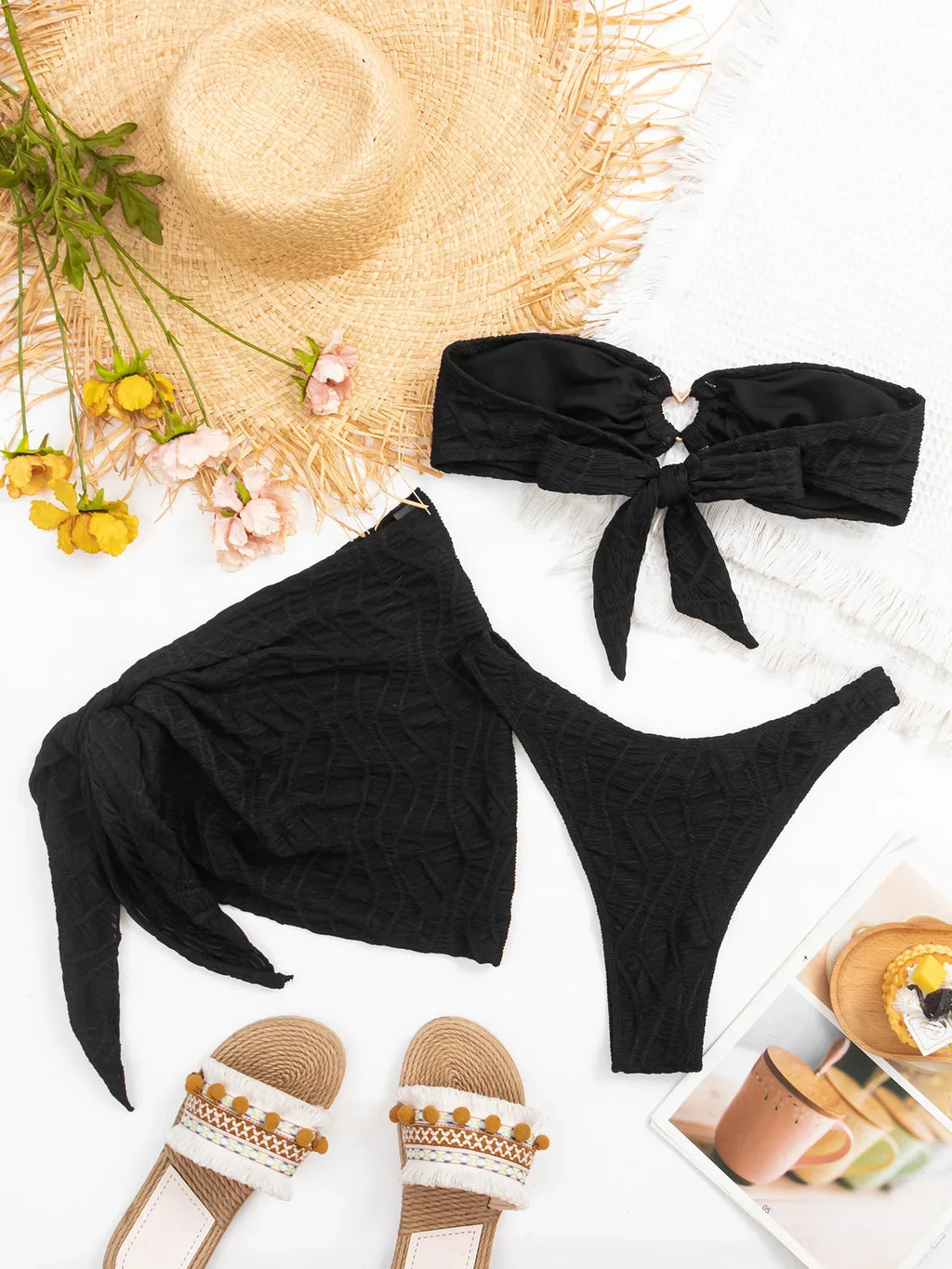 sexy rhinestone heart ring bandeau bikinis sets 3pcs with cover skirt solid swimsuit bathing suit beach outfits biquini tankini
