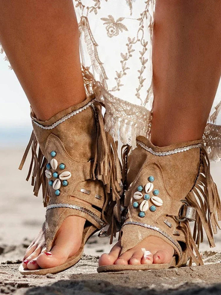 Retro Women Fringe Flower Wedges Shoes 2022 Solid Flock Beach Casual Sandals Women Summer Flip Flop Sandals