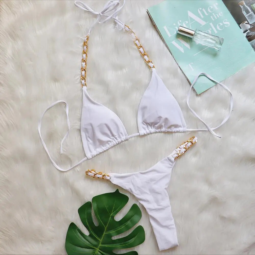 DEKA Brazilian Chain Bikini Set Women's Swimsuit Stylish Solid Thong Swimwear Diamond Separate Beachwear Bathing Suit