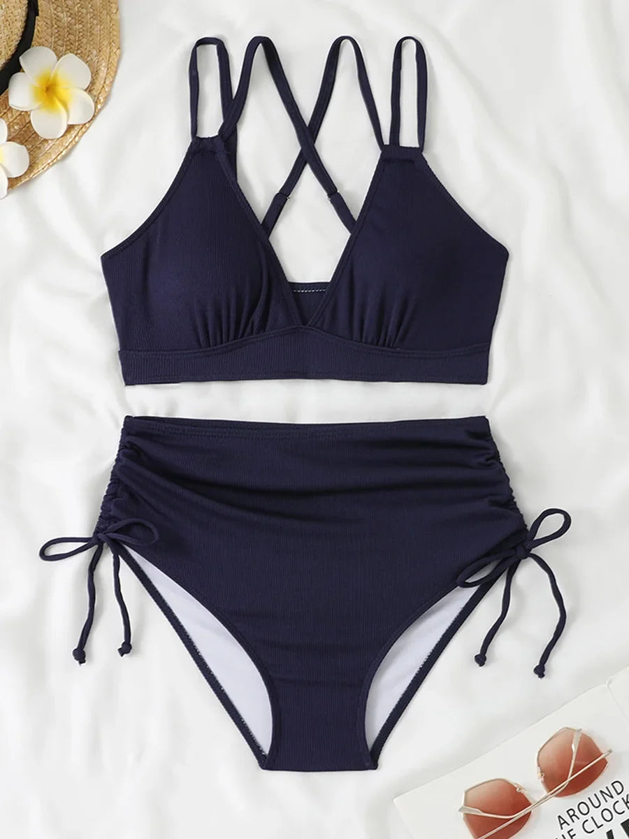2026 Strappy Triangle Bikinis Women Sexy Swimwear Female High Waist Swimsuit Solid Bathers Bathing Swimming Swim Suit Beachwear