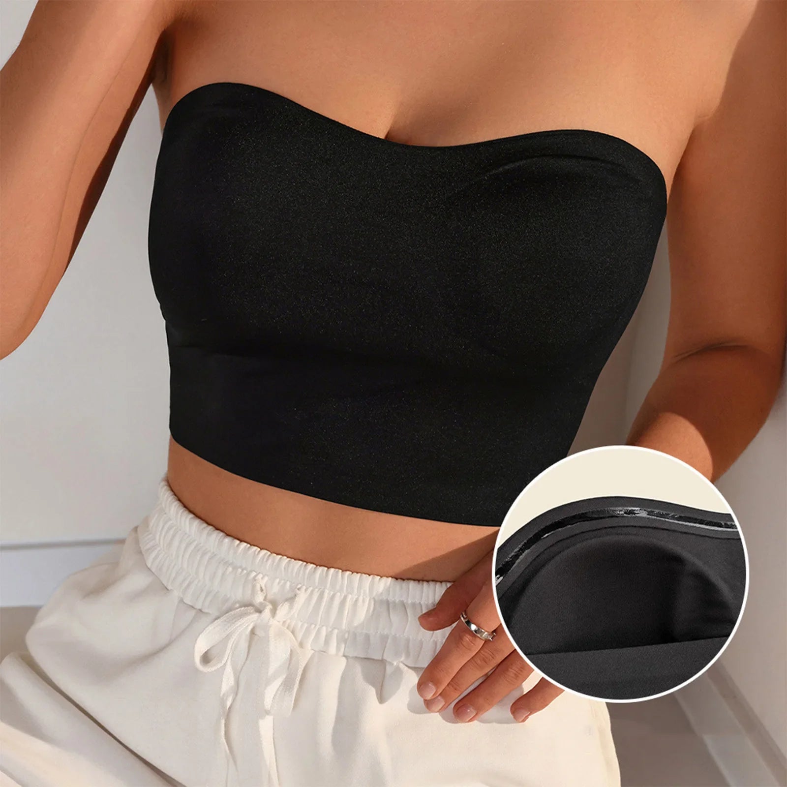 Women Strapless Bandeau Top Solid Color Sleeveless Cropped Tube Top Slim Fit Casual Bralette For Summer Invisible Wireless Bras