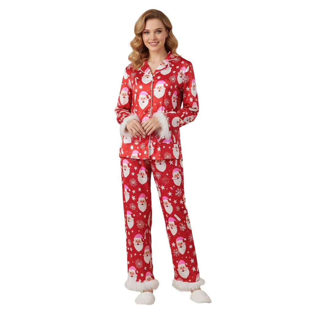 Womens 2 Pieces Christmas Pajamas Sets Print Furry Trim Button Up Long Sleeve Lapel V Neck Tops and Pants Lounge Wear
