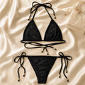Women Bikini Set 2pcs Black Halter Triangle Swimsuit, Tie Side V Shape Bottom, Solid Color Beach Vacation Swimwear