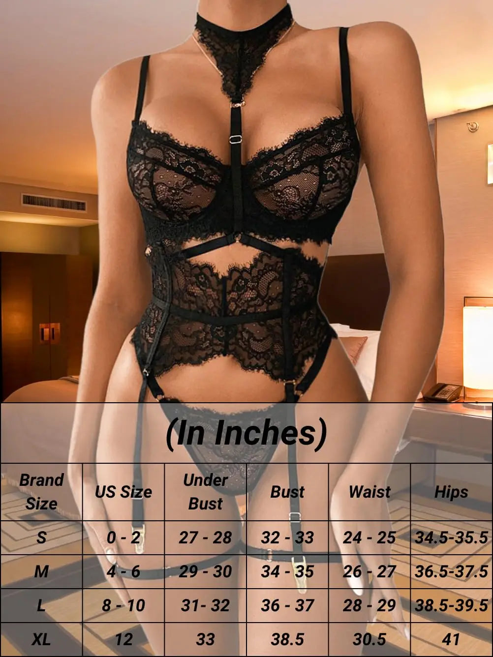 Sexy Garter Lingerie Set for Women – 4pcs Floral Lace Strappy High Waisted Bra Panty with Choker Belt