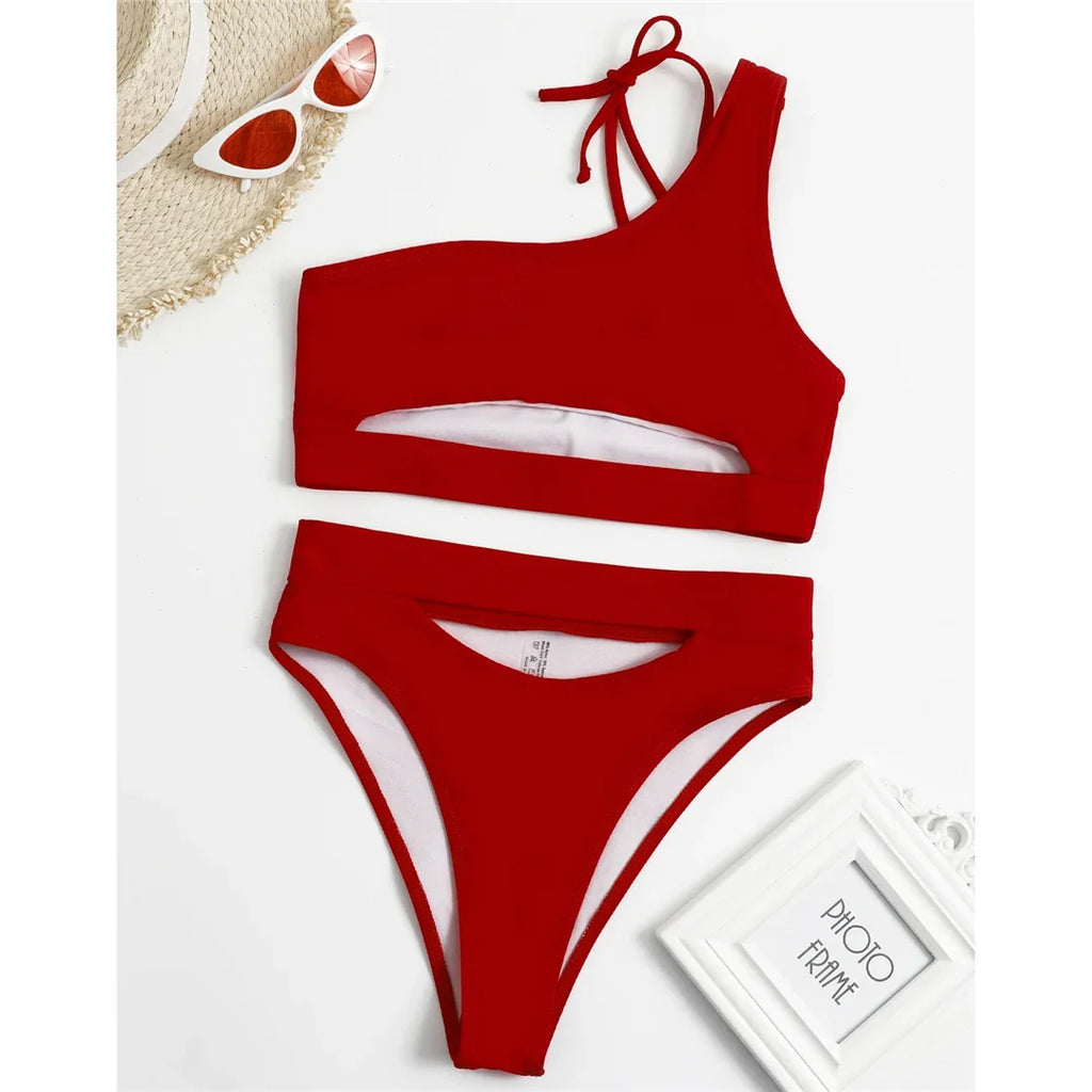 Sexy Tummy Cut out Female Swimsuit High Waist Bikini Women Swimwear Two-Pieces Bikini Set Bather Bathing Suit Swim Lady V2549