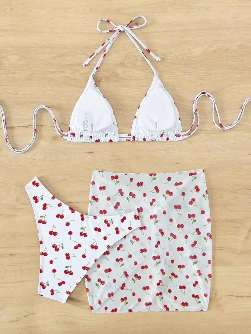 Women French Chic Cherry Print Bikini Sets Three Pieces with Mesh Skirt Swimsuit Swimwear Bathing Suit Beach Outfits Biquini