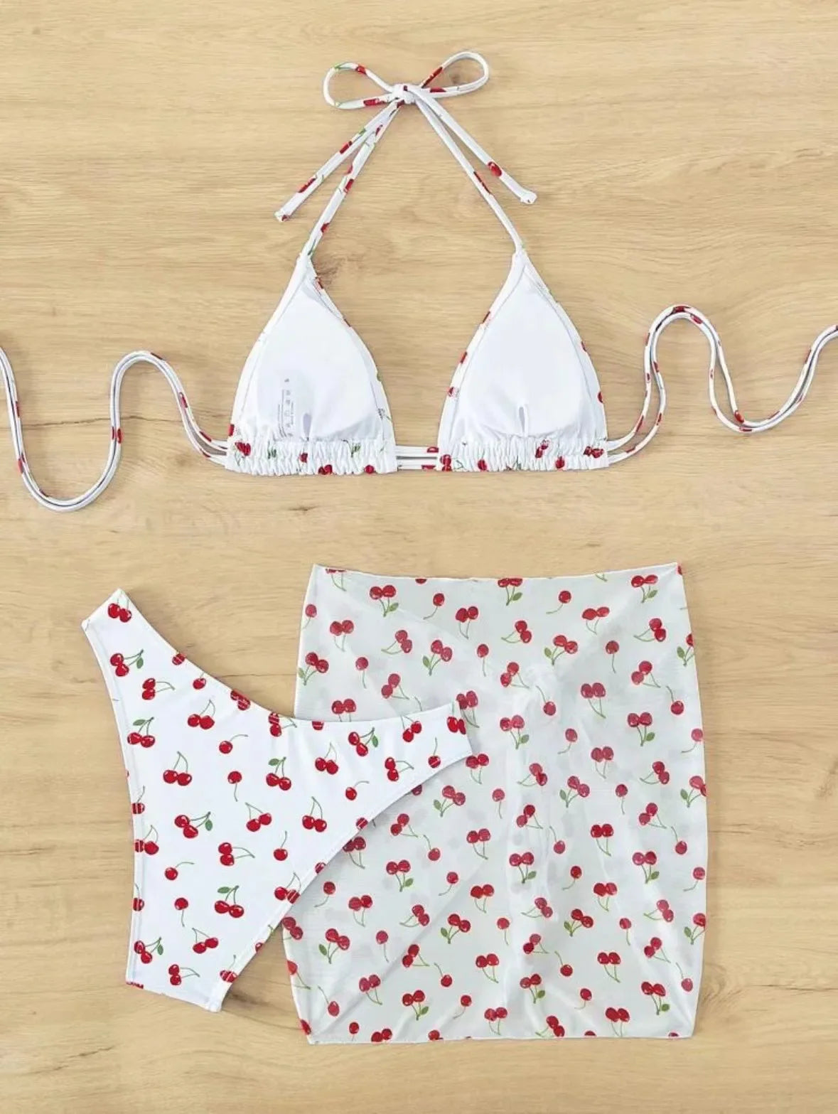 Women French Chic Cherry Print Bikini Sets Three Pieces with Mesh Skirt Swimsuit Swimwear Bathing Suit Beach Outfits Biquini