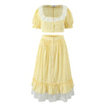 Foridol Gingham Printed Yellow Women Summer Dress Set Lace Top+skirt Sets Vintage French Style Midi Dress Oufits Plaid Vestidos