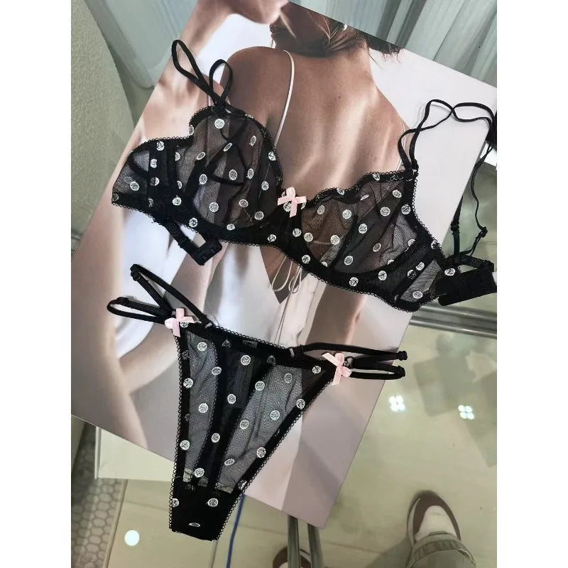 Elegant French Lingerie Set Sexy Lace Dotted Mesh Bra, Ultra Thin Large Bust Minimizer Push Up Anti Sagging Comfort MOYISU 32-38