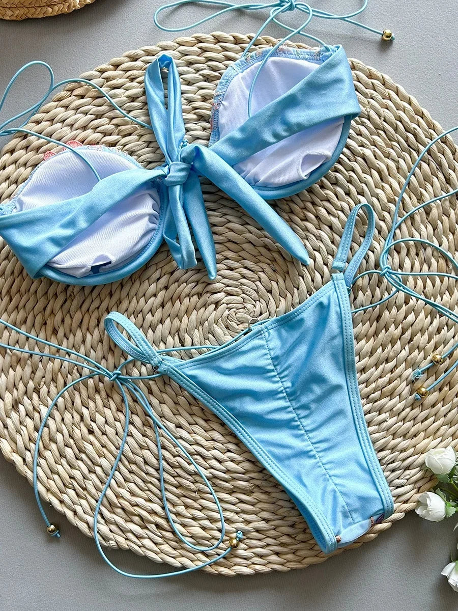 Sexy Pink Flower Embroidery Print Swimsuit Women 2025 Sexy Underwire Drawstring Bikini Set Summer Beach Bathing Suit Swimwear