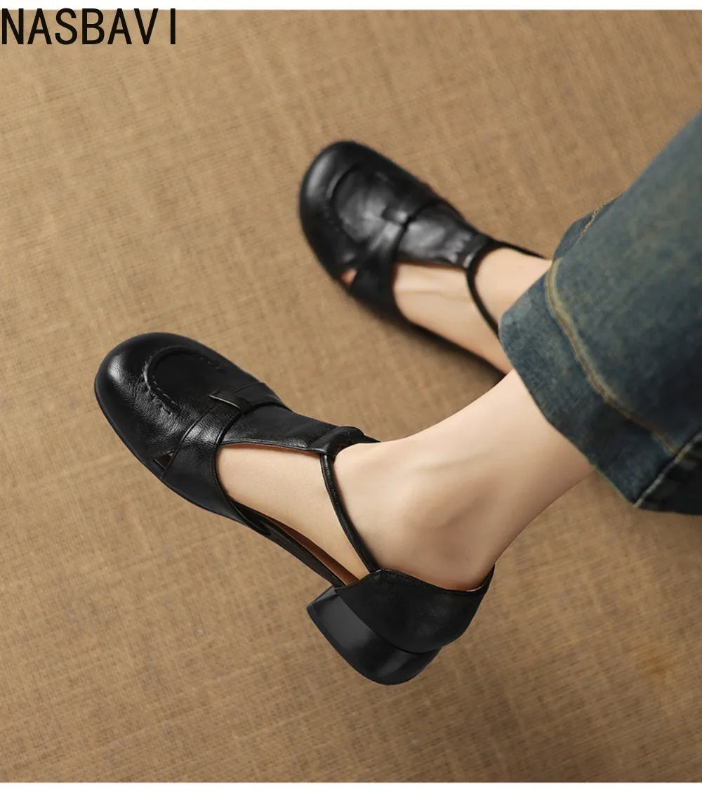 French Slip-on Single Shoes Retro British Shoes for Women Brown T-Strap Shallow Flat Sandals Soft Leather Rome  Summer New 32-43