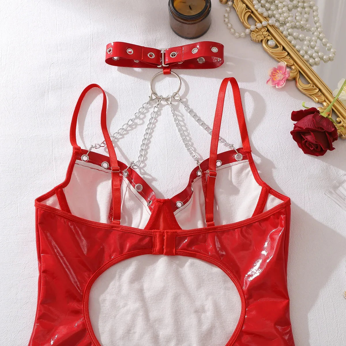 Toucheart Erotic Dress New PU Leather Fashionable Hottie Halterneck Metal Chain Sexy Luxurious Body Shaping One-piece Hip Skirt