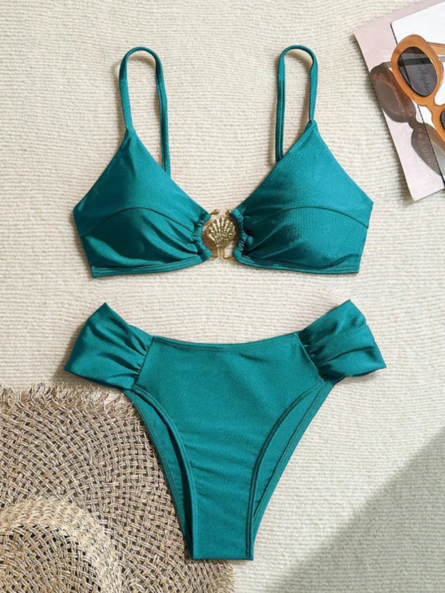 S - XL Metal Shell Halter Female Swimsuit High Waist Bikini Women Swimwear Two-pieces Bikini set Bather Bathing Suit Swim Lady