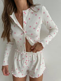 Women Ribbed Knitted Pajama Sets Floral Print Long Sleeve Top and Shorts Casual Loungewear Home Clothes Sleepwear