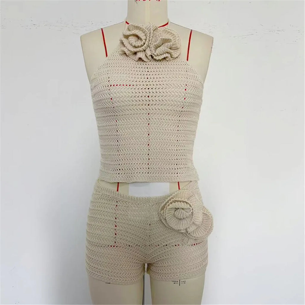 3D Flowers Halter Crochet Knitted 2 Pieces Suits Beach Cover Up Cover-ups Beach Shorts Beach Wear Beachwear Female Women K6598