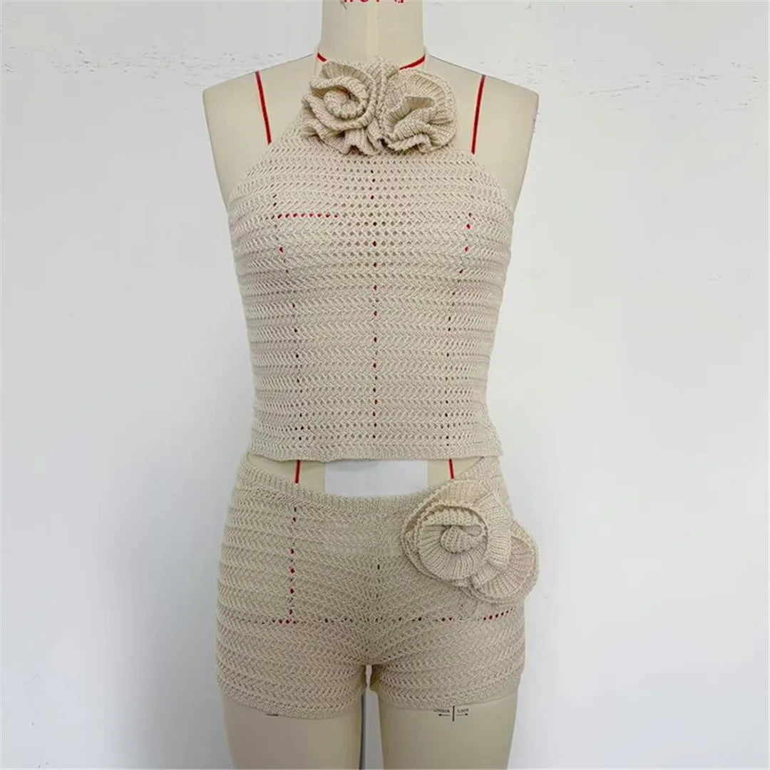 3D Flowers Halter Crochet Knitted 2 Pieces Suits Beach Cover Up Cover-ups Beach Shorts Beach Wear Beachwear Female Women K6598