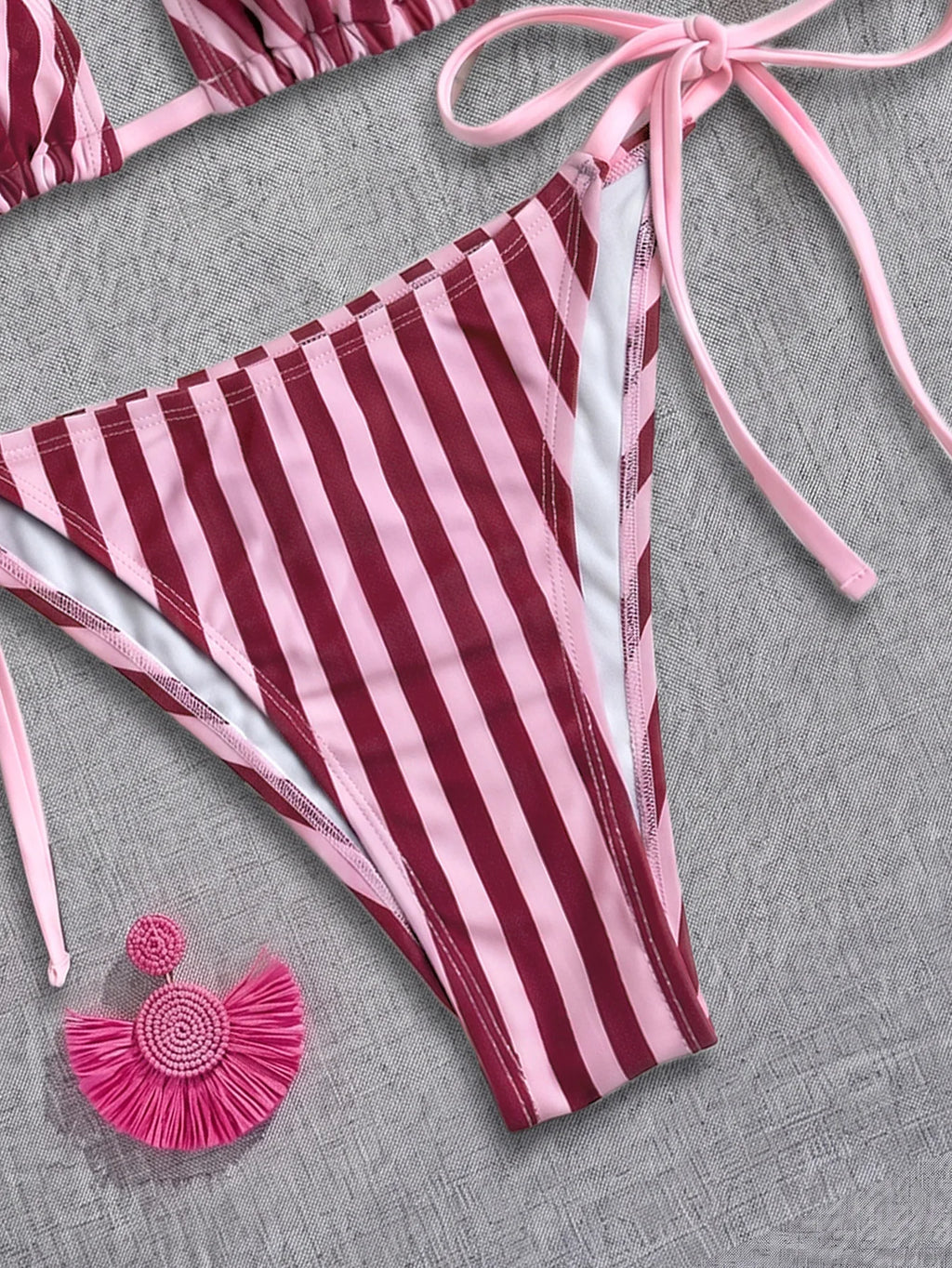 Sexy Pink Striped Micro Bikini 2026 Women Halter Push Up Bra Tie Side Thong Swimsuit Beach Bathing Suit Holiday Swimwear Biquini