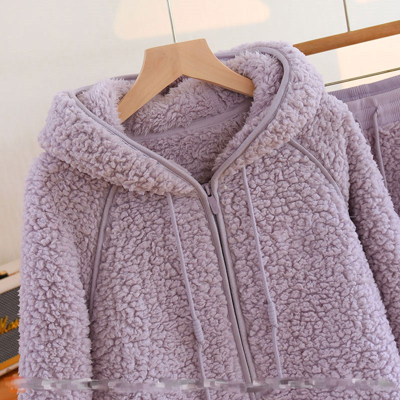 Korean New Women Warm Coral Fleece Pajamas Set Autumn Winter Sleepwear 2 Pieces Home Suit Casual Hooded Pajamas Night Wear