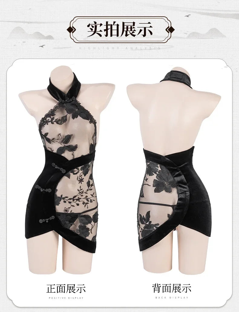 Chinese Traditional Lace Cheongsam Mini Dress Women Sexy Lingerie See-through Embroidery Halter Elegant Qipao Skirt