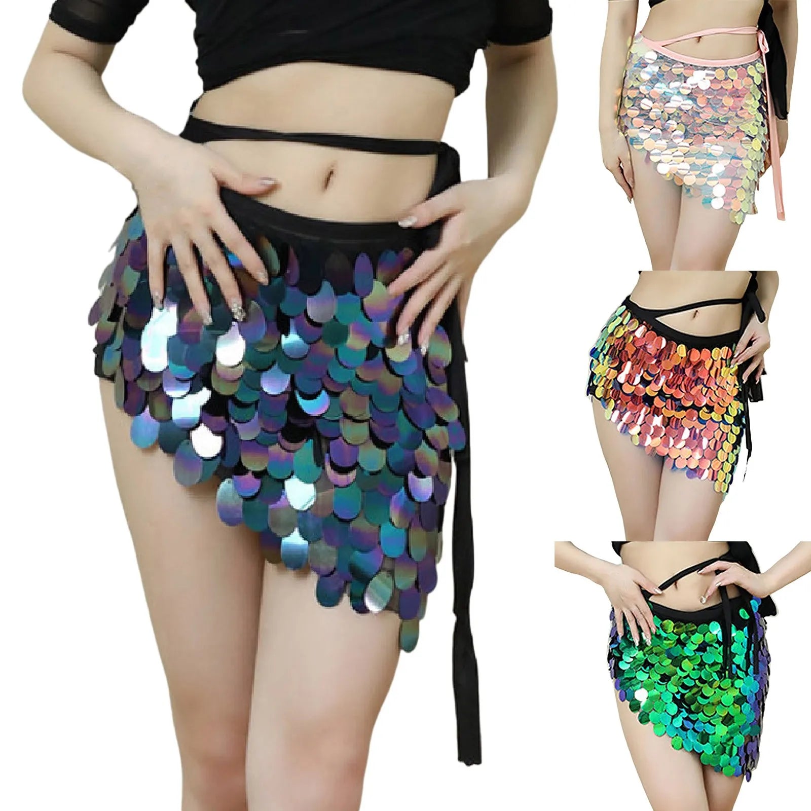 Womens Iridescent Sequin Mini Skirt Tie Waist Asymmetrical Hem Bodycon Skirt Shiny Sparkle Bottoms For Beach Cover Up Party Rave