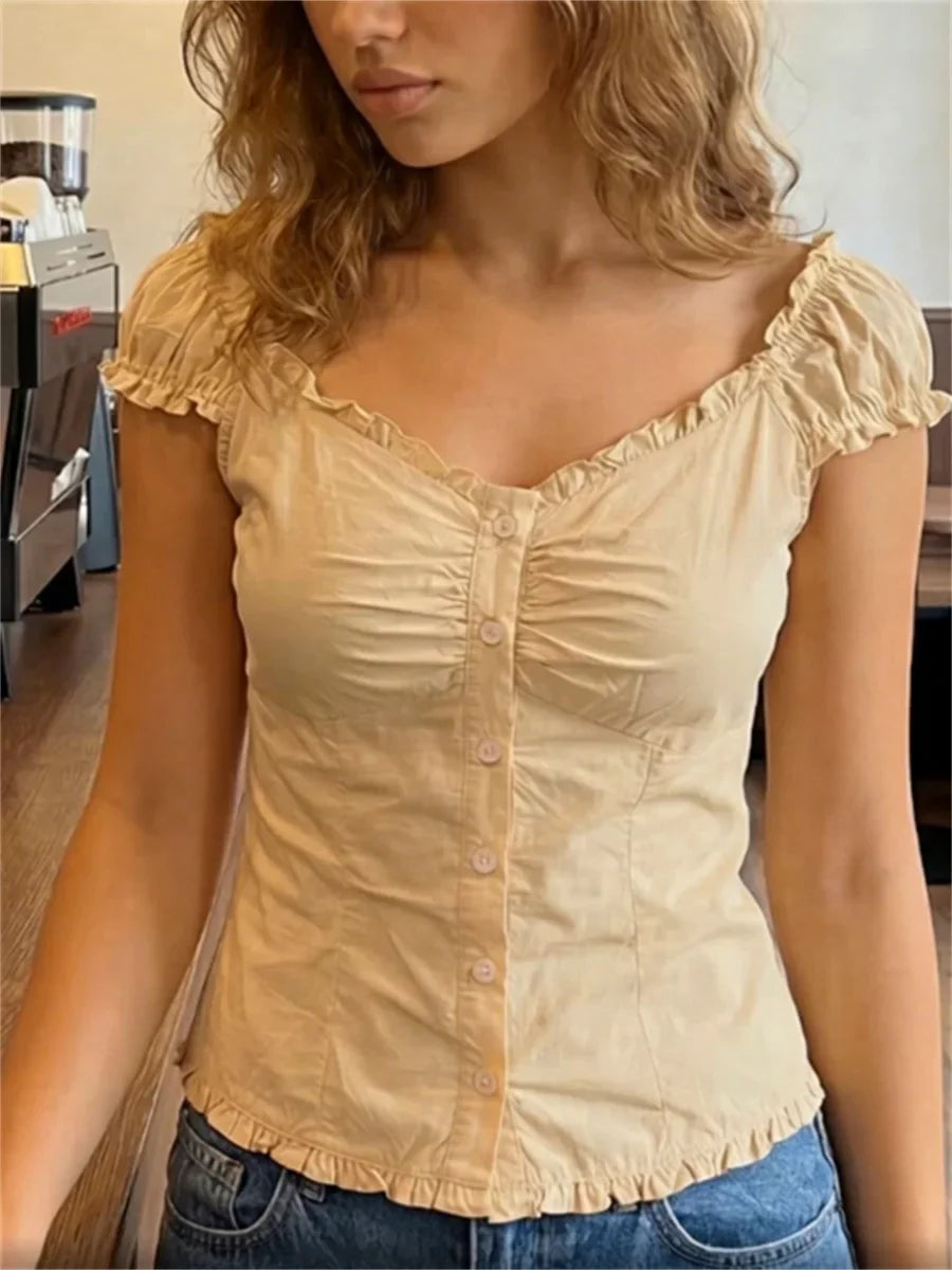 Women Summer Tops and Blouse Short Sleeve Square Neck Button Down Shirts Y2K Retro Casual Daily Streetwear