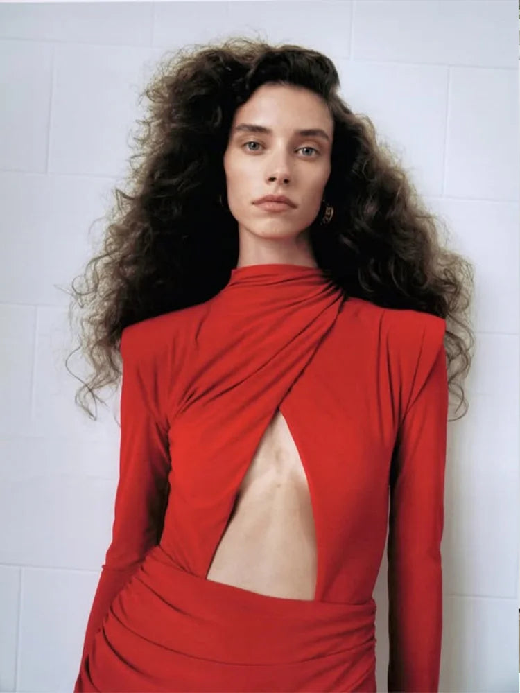 Ahagaga Eelgant Fashion Dresses For Women Solid Zipper Sheath Pleated Hollow Out Regular Long Sleeves Turtleneck Shoulder Pad