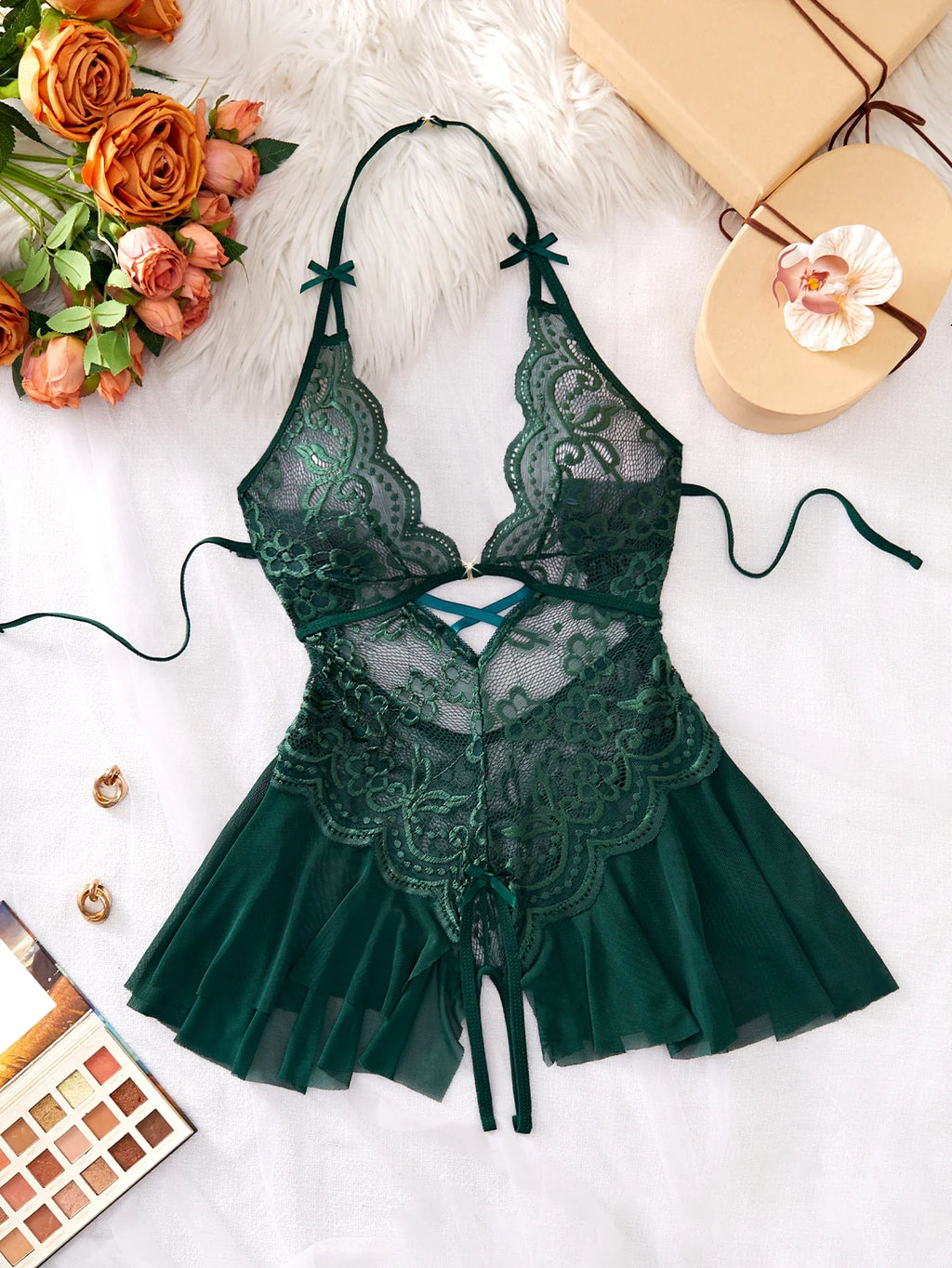 Bodycon Teddy Dress Crotchless Sheer Underwear Set Lace See Through Halter Deep V Sexy Lingerie Sultry Nightwear For Date Night