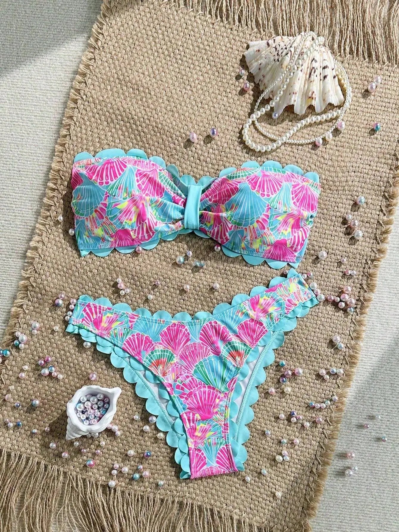 Sexy Ruffles Bandeau Bikini 2026 Women Sky Blue Floral Print Front Bow Push Up High Waist Swimsuit Beach Bathing Suit Swimwear