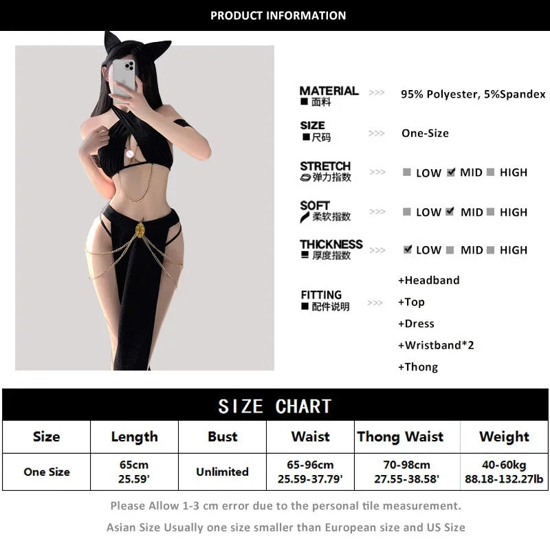 Porn Women Sexy Lingerie Cat Cosplay Costumes Black Shiny Halter Hollow Top with Dress Nightgowns Role Play Erotic Dress