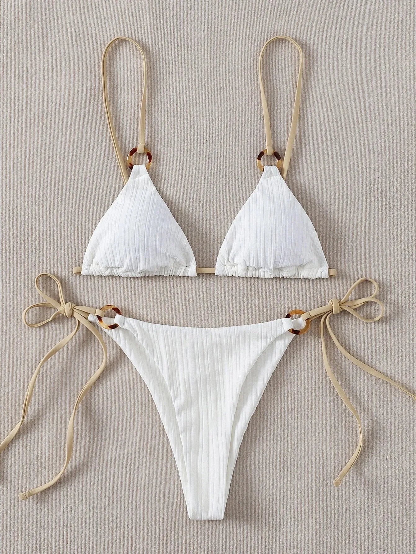 Sexy Rib Texture Triangle String Bikini Set Women Push Up Padded Thong Swimsuit Female Cut Out Bathing Suit Swimwear Biquini