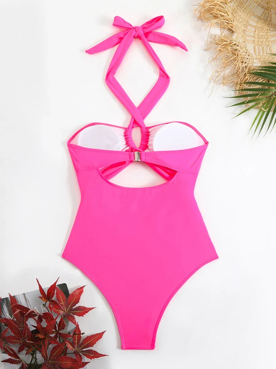 2026 Sexy Padded Swimsuit Women One Piece Halter Hollow Swimwear Female Solid Bathers Bathing Swimming Swim Suit Beachwear