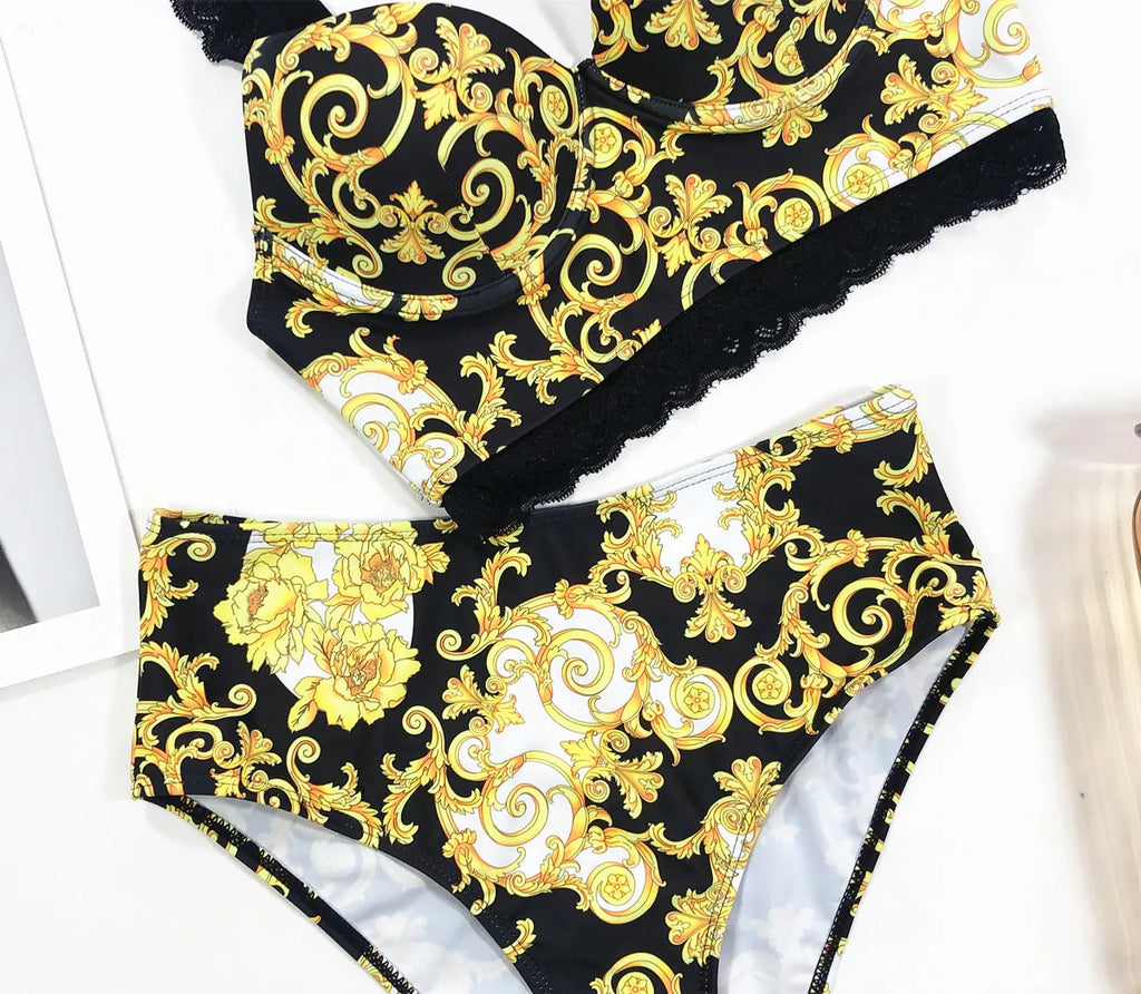 Bikini 2026 Sexy Lace Straps High Waist Swimwear Swimsuit Women Push Up Print Bikini Set Bathing Suit Beach Bikini Taille Haute