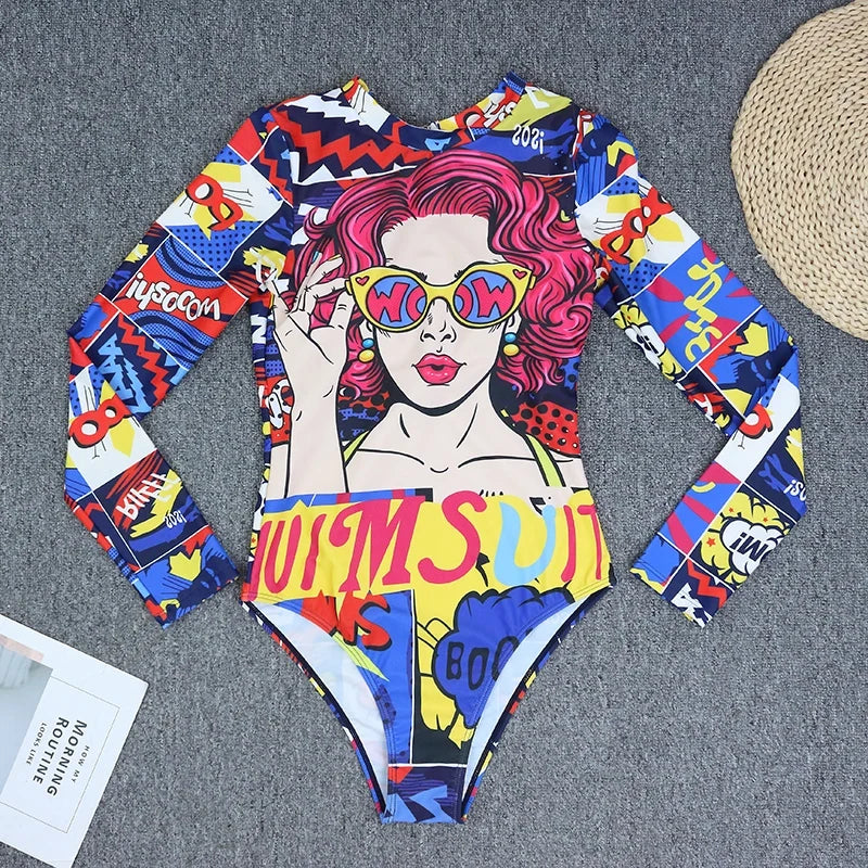 Long Sleeve Swimwear 2024 Surfing Bathing Suit Women Backless Print One Piece Swimsuit Retro Rashguard Monikini Bodysuit