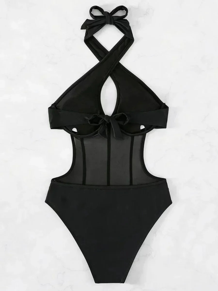 Halter Mesh Sheer Underwired One Piece Swimsuit Women Swimwear Female Backless Hollow Out Monokini High Cut Bathing Suit Swim
