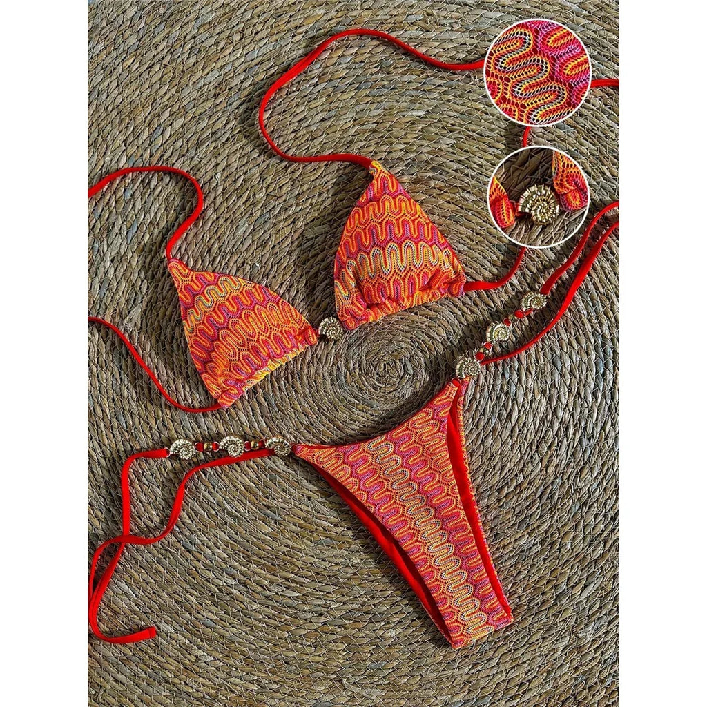 Printed Halter Bikini Female Swimsuit Women Swimwear Two-pieces Bikini set High Cut Leg Strappy Bather Bathing Suit Swim V7939