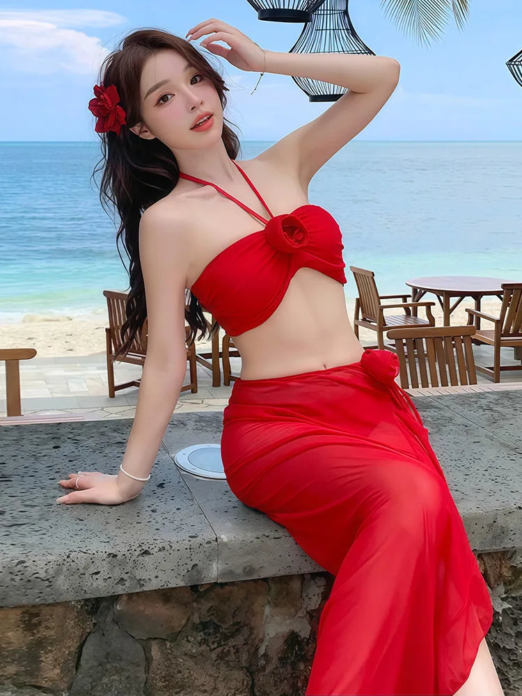 2025 Korean Swimsuit Women Sexy Bikini Red Split Long Skirt Swimsuit Women Halter 3D Flower Push Up Holiday 3 Piece Swimwear