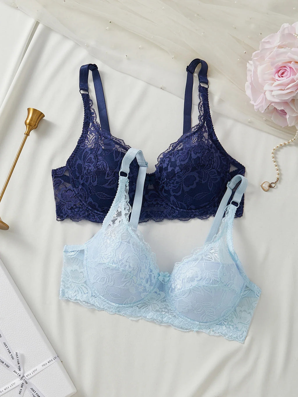 2Pcs/Set Lace Bra for Women Sexy Underwire Push-Up Bra Breathable Mesh Thin Soft Lingerie Adjustable No Lining Women's Bra