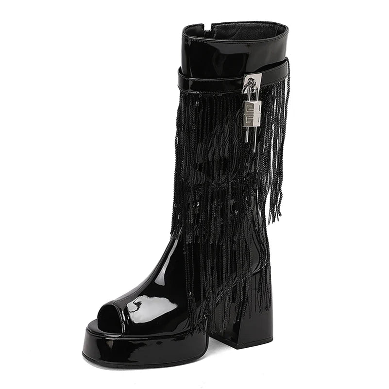 Plus Size Women White Patent Leather Fringe Tassel Mid Calf Boots Peep Toe Platform Block Heel Open Toe Party Club Heels