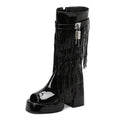 Plus Size Women White Patent Leather Fringe Tassel Mid Calf Boots Peep Toe Platform Block Heel Open Toe Party Club Heels