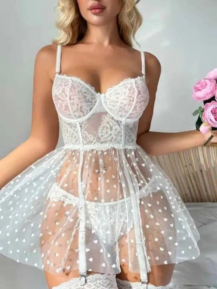 Sexy Women's Lace Trimmed Mesh Splicing Strap Transparent Backless Deep V Sleeveless Solid Color Dress Elegant Charming O4MC