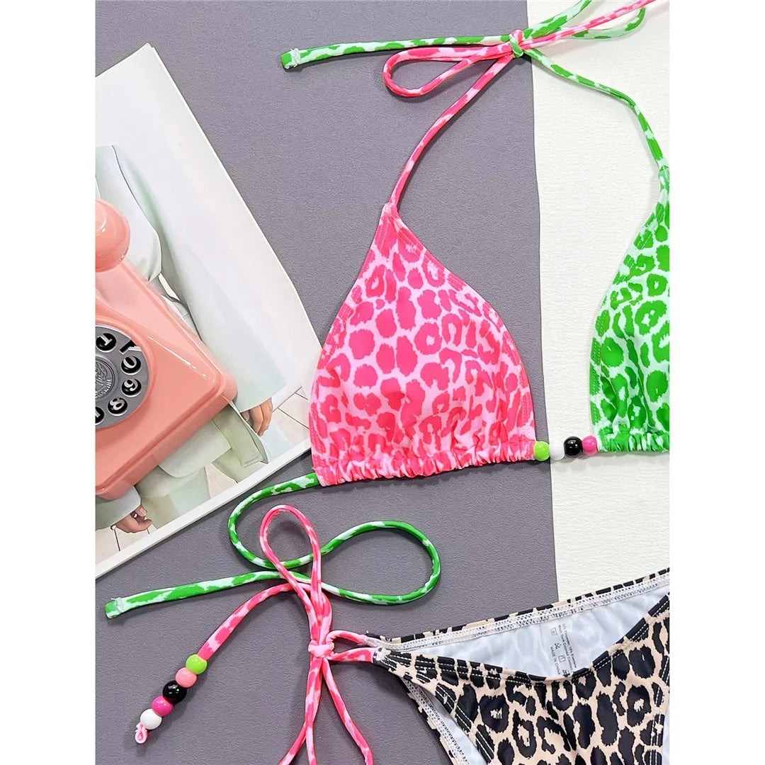 Sexy Leopard Printed Splicing Halter Bikini Women Swimwear Female Swimsuit Two-Pieces Bikini Set Bather Bathing Suit Swim V4517