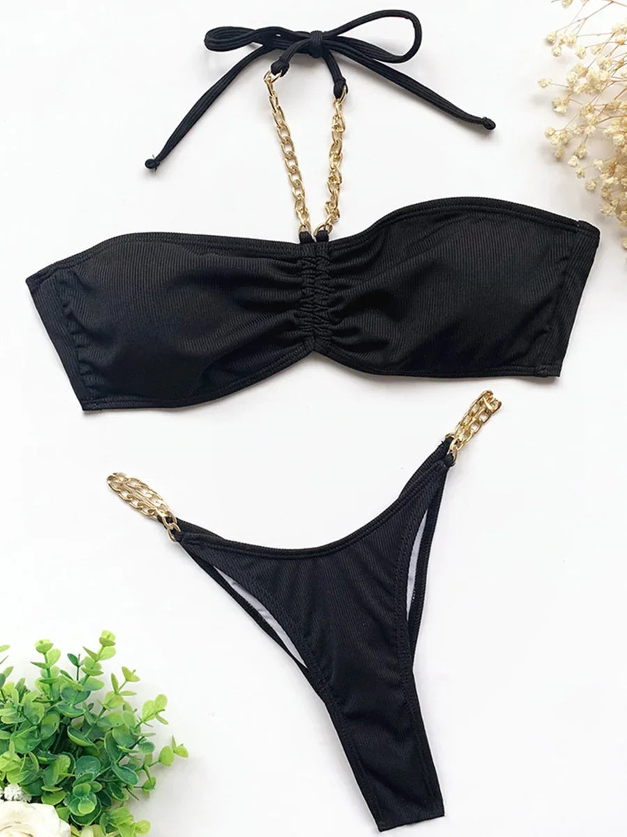 New Halter Ribbed Brazilian Bikini Female Swimsuit Women Swimwear Two pieces Bikini set Metal Chains Bather Bathing Suit Swim