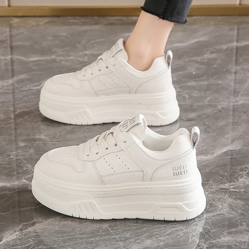 Pu Leather Thick Bottom Sneakers Women 2025 Breathable Platform Vulcanised Shoes Woman Womens All Match Lace Up Casual Sneakers