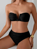 Sexy Coffee Black Swimwear Women 2026 Bandeau V Wire Pleate Push Up High Waist Swimsuit Beach Bathing Suit Vacation Bikini