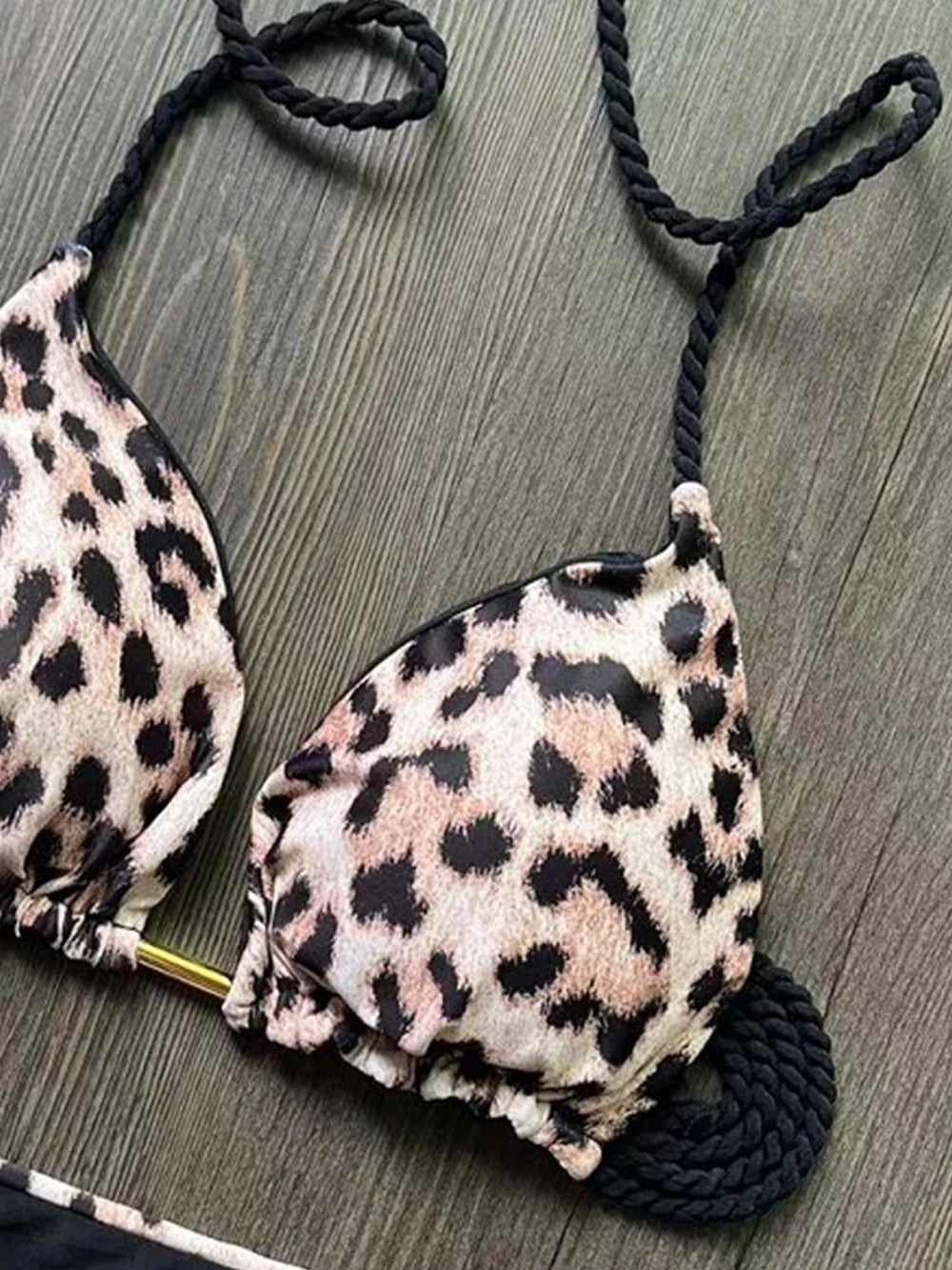 2026 Sexy Leopard Print Swimwear Women'S Split Bikini Set Woven Rope Strap Fringe Beach Women'S Two-Piece Swimsuit Bathing Suit